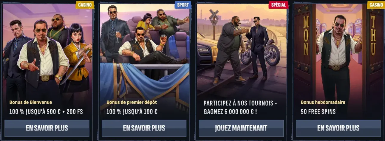Offres Mafia Casino avec bonus de bienvenue de 500 €, tours gratuits et promotions sportives